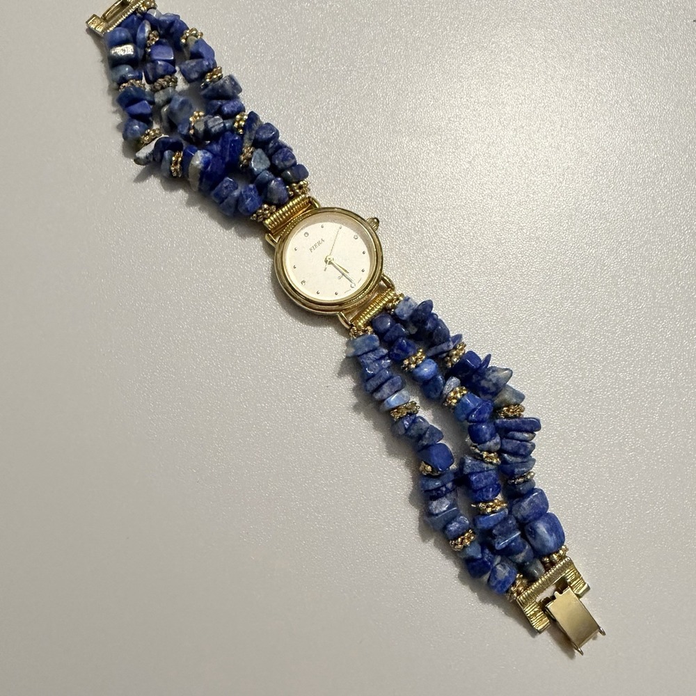 Vintage FIERA Gold Plated Quartz Watch Blue Pebble lápiz lazuli Stone Bracelet